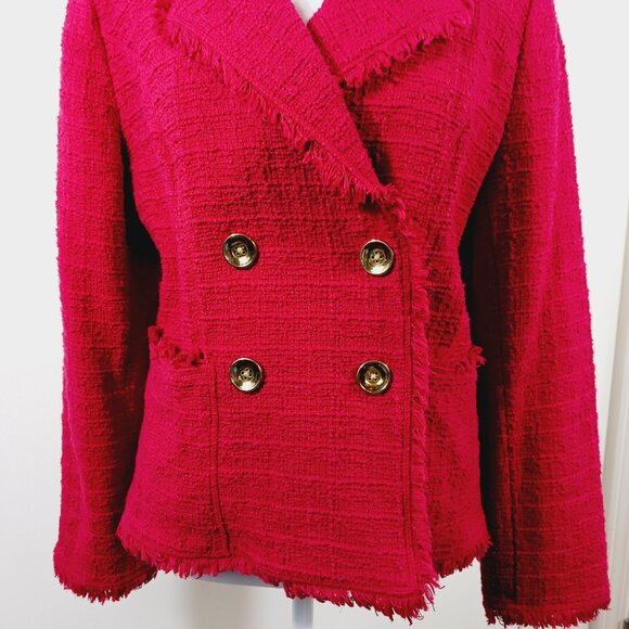 Chico's Red Jacket, Size 1, Double Breasted, 100% Cotton with Cotton Fringe - Picture 6 of 16